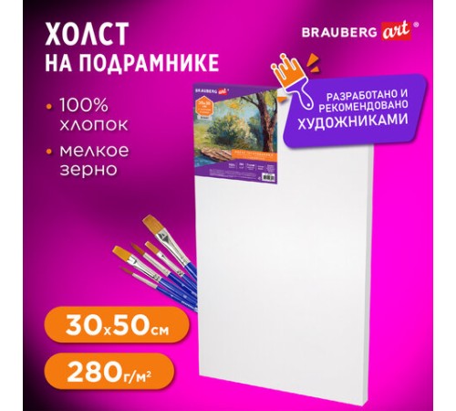 Холст на подрамнике BRAUBERG ART DEBUT, 30х50см, 280 г/м2, грунт, 100% хлопок, мелкое зерно, 191643