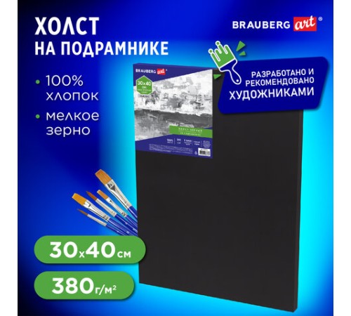 Холст на подрамнике черный BRAUBERG ART CLASSIC, 30х40см, 380г/м, хлопок, мелкое зерно, 191650
