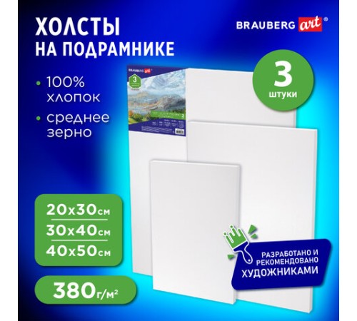 Холсты на подрамнике BRAUBERG ART CLASSIC, НАБОР 3 шт., 380 г/м2, 100% хлопок, среднее зерно, 191655