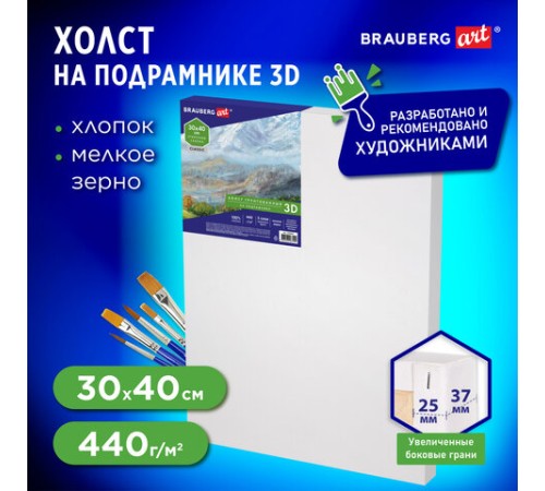 Холст 3D на подрамнике BRAUBERG ART CLASSIC 30х40см, 440г/м, грунт, 100% хлопок мелкое зерно, 191663