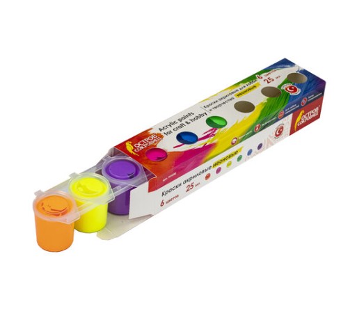 Краски акриловые НЕОН для рисования и хобби ОСТРОВ СОКРОВИЩ 6 цветов по 25 мл, 191692