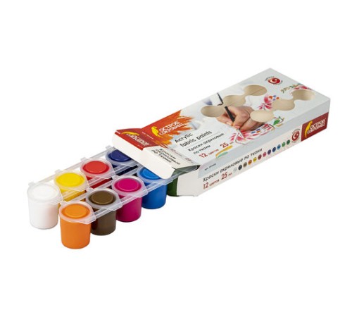 Краски акриловые по ткани ОСТРОВ СОКРОВИЩ 12 цветов по 25 мл, 191694