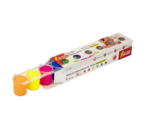 Краски акриловые по ткани НЕОН ОСТРОВ СОКРОВИЩ 6 цветов по 25 мл, 191697