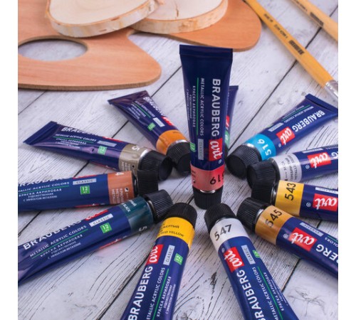 Краски акриловые художественные металлик BRAUBERG ART CLASSIC, НАБОР 12 шт, в тубах 12 мл, 191719