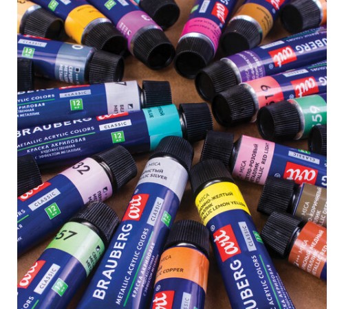 Краски акриловые художественные металлик BRAUBERG ART CLASSIC, НАБОР 24 шт, в тубах 12 мл, 191720