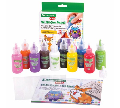 Краски витражные BRAUBERG KIDS, 10 ярких цветов, 10 туб по 20 мл, книга шаблонов, 191761