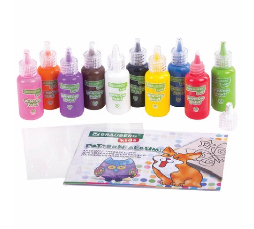 Краски витражные BRAUBERG KIDS, 10 ярких цветов, 10 туб по 20 мл, книга шаблонов, 191761