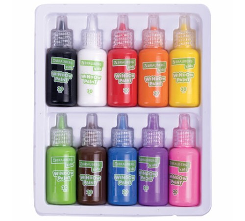 Краски витражные BRAUBERG KIDS, 10 ярких цветов, 10 туб по 20 мл, книга шаблонов, 191761
