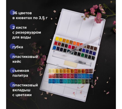 Акварель художественная кюветы НАБОР 36 цветов по 3,5 г, пластиковый кейс, BRAUBERG ART CLASSIC, 191771