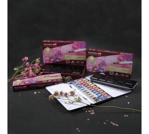 Акварель художественная кюветы НАБОР 24 цвета по 3,5 г, металлический кейс, BRAUBERG ART PREMIERE, 191773