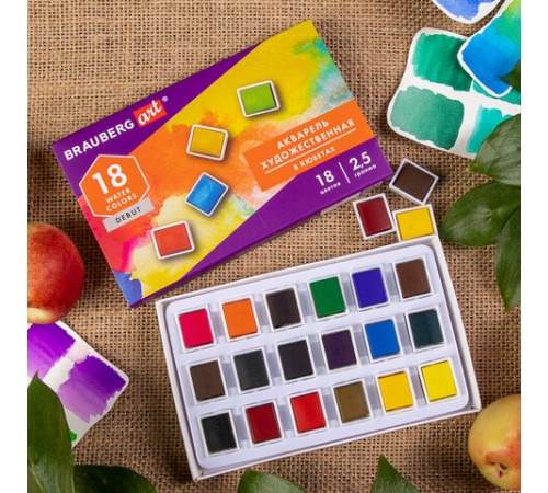 Акварель художественная в кюветах НАБОР 18 цветов по 2,5 г, BRAUBERG ART DEBUT, 191777