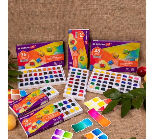 Акварель художественная в кюветах НАБОР 48 цветов по 2,5 г, BRAUBERG ART DEBUT, 191780