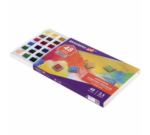 Акварель художественная в кюветах НАБОР 48 цветов по 2,5 г, BRAUBERG ART DEBUT, 191780