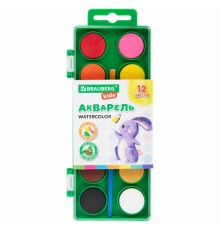 Краски акварельные BRAUBERG KIDS, 12 ярких цветов, круглые кюветы, пластиковый пенал, 191806