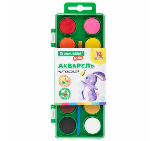 Краски акварельные BRAUBERG KIDS, 12 ярких цветов, круглые кюветы, пластиковый пенал, 191806