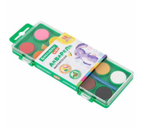 Краски акварельные BRAUBERG KIDS, 12 ярких цветов, круглые кюветы, пластиковый пенал, 191806