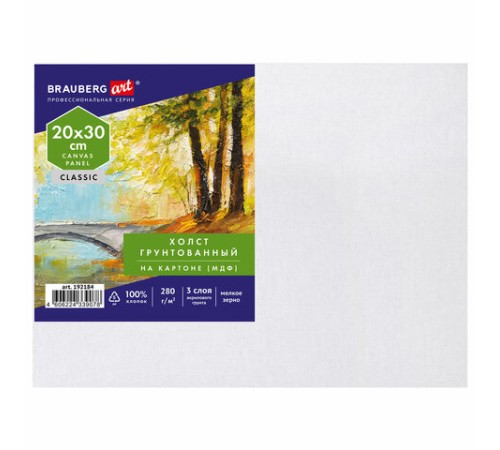 Холст на картоне, 20х30 см, 280 г/м2, грунтованный, 100% хлопок, BRAUBERG ART CLASSIC, 192184
