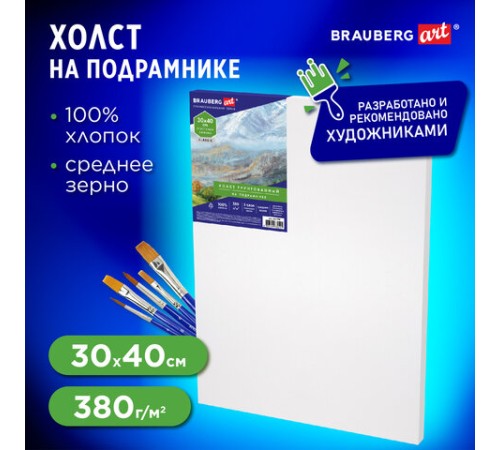 Холст на подрамнике BRAUBERG ART CLASSIC, 30х40 см, 380 г/м2, грунтованный, 100% хлопок, 192196