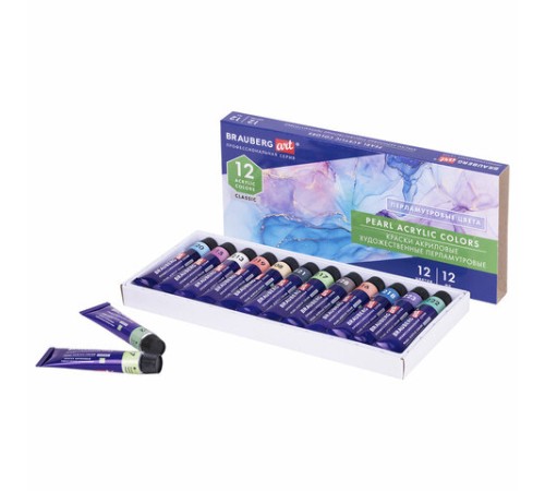 Краски акриловые художественные ПЕРЛАМУТРОВЫЕ, НАБОР 12 цветов в тубах по 12 мл, BRAUBERG ART CLASSIC, 192243