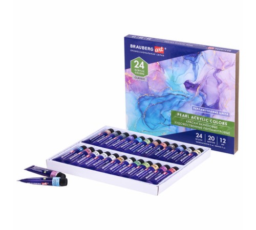 Краски акриловые художественные ПЕРЛАМУТРОВЫЕ, НАБОР 24 шт., 20 цветов в тубах 12 мл, BRAUBERG ART, 192244
