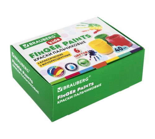 Краски пальчиковые для малышей от 1 года, 6 цветов (3 классических + 3 флуоресцентных) х 40 мл, BRAUBERG KIDS, 192279