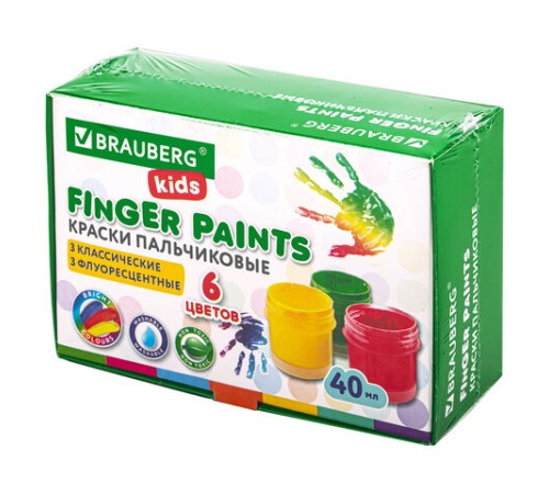 Краски пальчиковые для малышей от 1 года, 6 цветов (3 классических + 3 флуоресцентных) х 40 мл, BRAUBERG KIDS, 192279