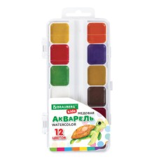 Краски акварельные BRAUBERG KIDS, медовые, 12 цветов, квадратные кюветы, пластиковый пенал, 192282