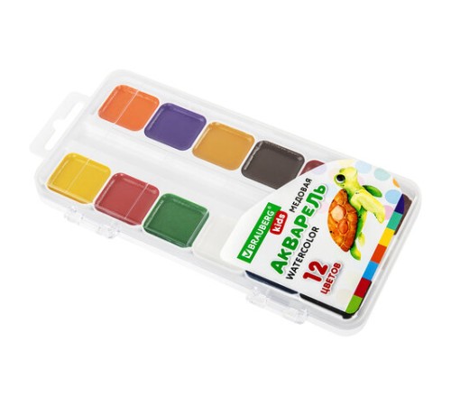 Краски акварельные BRAUBERG KIDS, медовые, 12 цветов, квадратные кюветы, пластиковый пенал, 192282