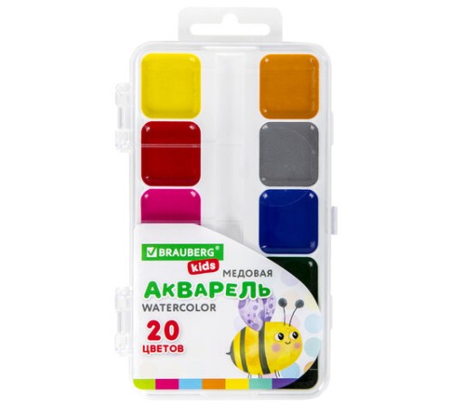 Краски акварельные BRAUBERG KIDS, медовые, 20 цветов, квадратные кюветы, пластиковый пенал, 192283