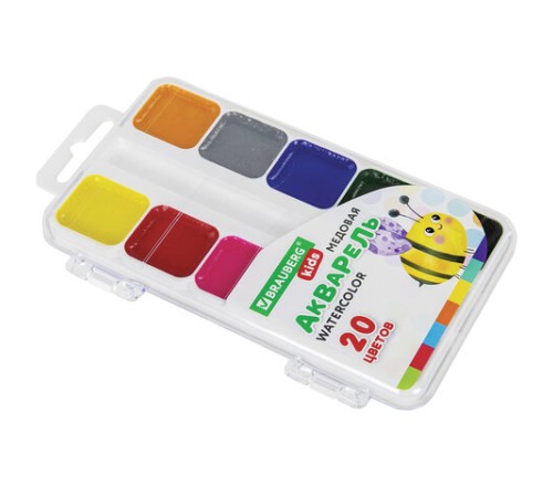 Краски акварельные BRAUBERG KIDS, медовые, 20 цветов, квадратные кюветы, пластиковый пенал, 192283