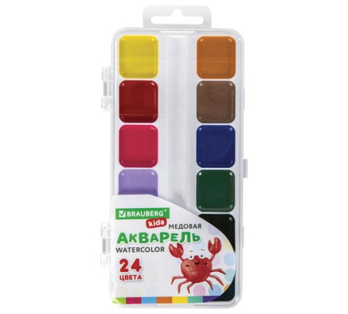 Краски акварельные BRAUBERG KIDS, медовые, 24 цвета, квадратные кюветы, пластиковый пенал, 192284