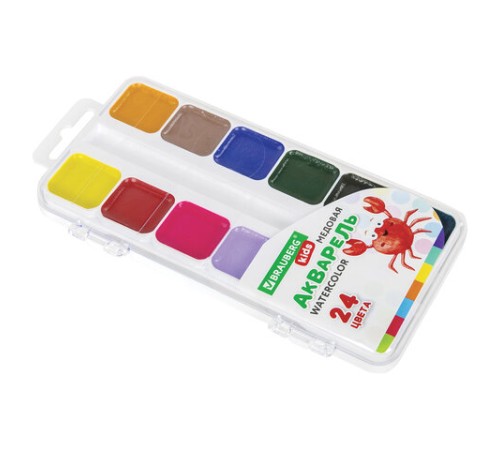 Краски акварельные BRAUBERG KIDS, медовые, 24 цвета, квадратные кюветы, пластиковый пенал, 192284