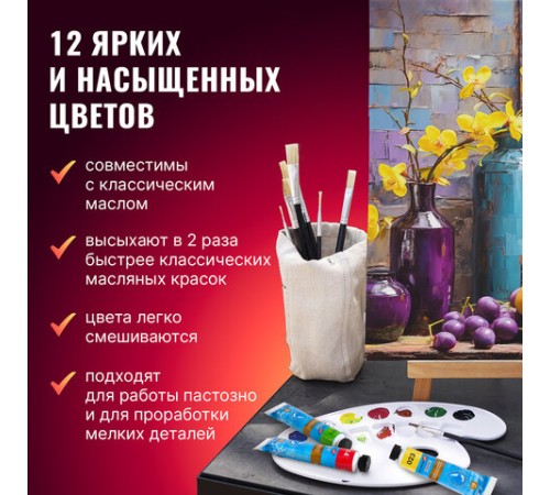 Краски масляные ВОДОРАЗБАВИМЫЕ художественные, 12 цветов по 18 мл в тубах, BRAUBERG ART PREMIERE, 192290