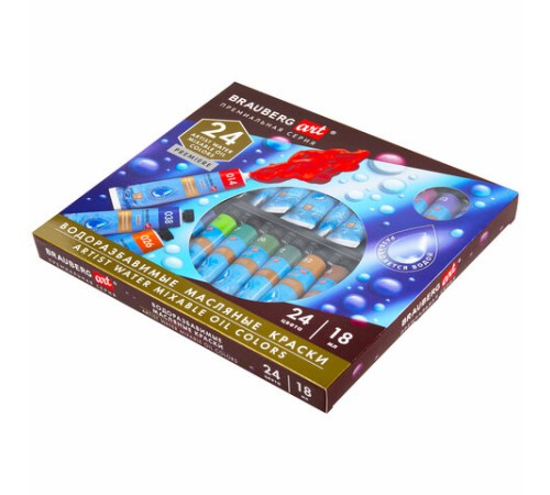 Краски масляные ВОДОРАЗБАВИМЫЕ художественные, 24 цвета по 18 мл в тубах, BRAUBERG ART PREMIERE, 192291