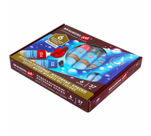 Краски масляные ВОДОРАЗБАВИМЫЕ художественные, 6 цветов по 37 мл в тубах, BRAUBERG ART PREMIERE, 192292