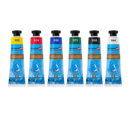 Краски масляные ВОДОРАЗБАВИМЫЕ художественные, 6 цветов по 37 мл в тубах, BRAUBERG ART PREMIERE, 192292