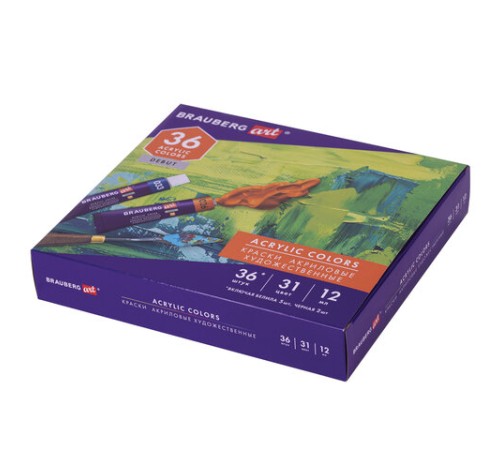 Краски акриловые художественные НАБОР 36 штук, 31 цвет по 12 мл в тубах, BRAUBERG ART DEBUT, 192294