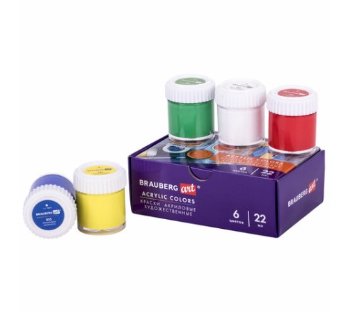 Краски акриловые художественные, НАБОР 6 штук по 22 мл в банках, BRAUBERG ART DEBUT, 192297