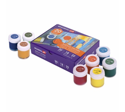 Краски акриловые художественные, НАБОР 20 штук, 18 цветов по 22 мл в банках, BRAUBERG ART DEBUT, 192299