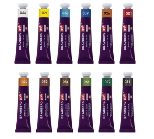 Краски акриловые художественные, НАБОР 12 штук по 22 мл, в тубах, BRAUBERG ART DEBUT, 192300