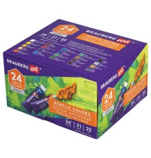 Краски акриловые художественные, НАБОР 24 штуки, 21 цвет по 22 мл, в тубах, BRAUBERG ART DEBUT, 192301