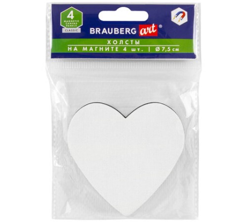 Холсты на магните в форме сердца НАБОР 4 шт., 7,5 см, 280 г/м2, 100% хлопок, BRAUBERG ART CLASSIC, 192334