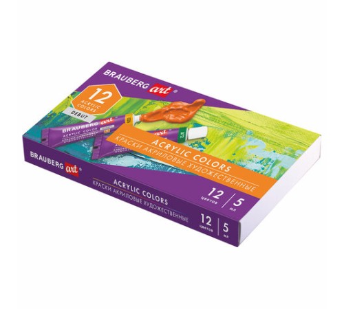 Краски акриловые художественные НАБОР 12 цветов по 5 мл, в тубах, BRAUBERG ART DEBUT, 192385