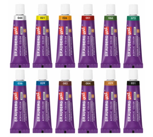 Краски акриловые художественные НАБОР 12 цветов по 5 мл, в тубах, BRAUBERG ART DEBUT, 192385