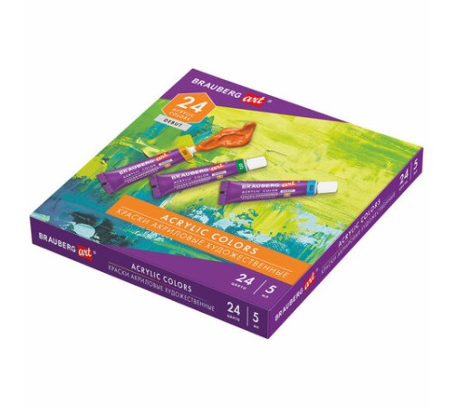 Краски акриловые художественные НАБОР 24 цвета по 5 мл, в тубах, BRAUBERG ART DEBUT, 192386