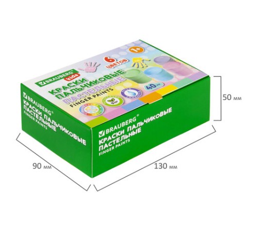 Краски пальчиковые пастельные для малышей от 1 года, 6 цветов по 40 мл, BRAUBERG KIDS, 192398