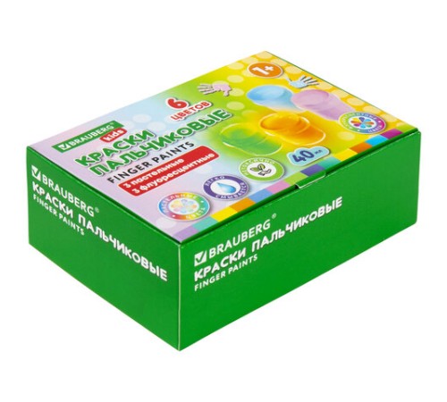 Краски пальчиковые для малышей от 1 года, 6 цветов (3 пастельных + 3 флуоресцентных) по 40 мл, BRAUBERG KIDS, 192400
