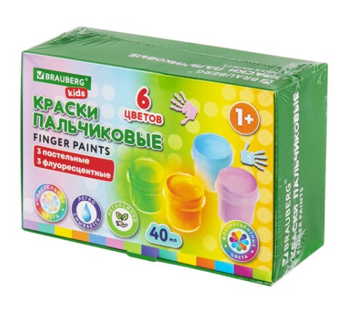 Краски пальчиковые для малышей от 1 года, 6 цветов (3 пастельных + 3 флуоресцентных) по 40 мл, BRAUBERG KIDS, 192400