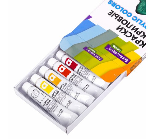 Краски акриловые художественные 12 цветов в тубах по 12 мл, BRAUBERG HOBBY, 192403