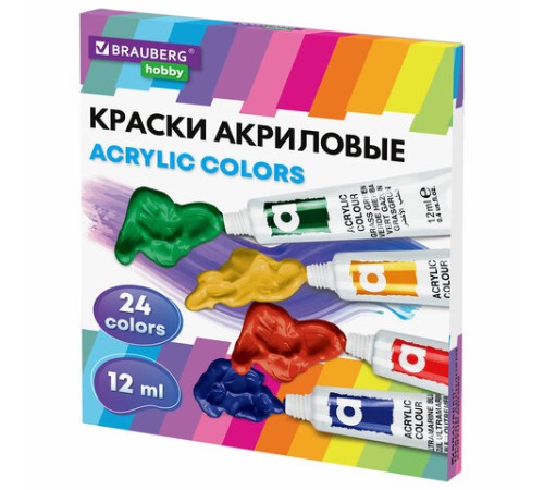 Краски акриловые художественные 24 цвета в тубах по 12 мл, BRAUBERG HOBBY, 192404